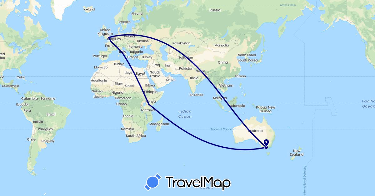 TravelMap itinerary: driving in Australia, France, United Kingdom, Italy, Kenya, Nepal (Africa, Asia, Europe, Oceania)
